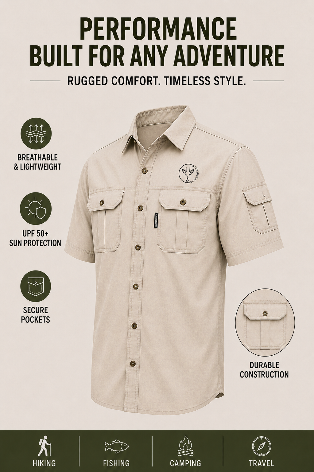 Mens Short Sleave Button Up - Stone