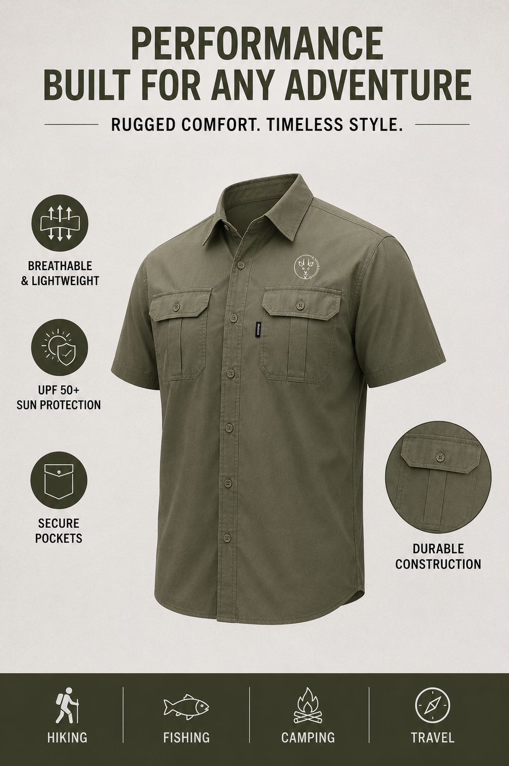 Mens Short Sleave Button Up - Olive